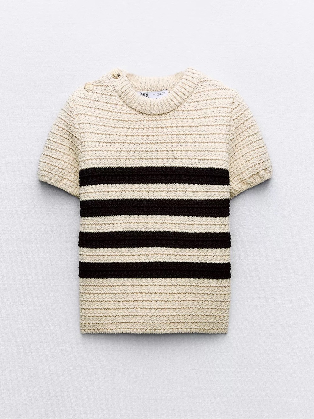 Zara Cream and Black Striped Short-Sleeve Crew Sweater XL
